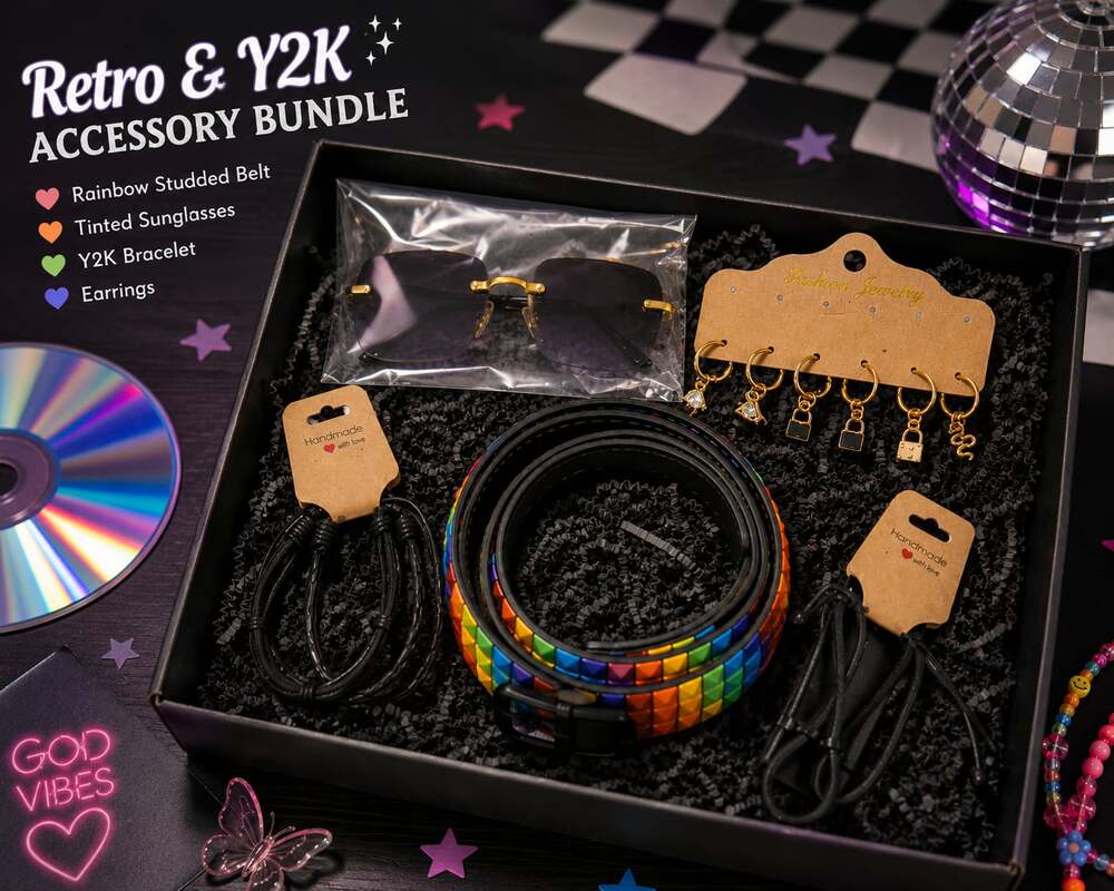Y2K Rainbow Studded Belt Sunglasses Jewelry Accessory Bundle